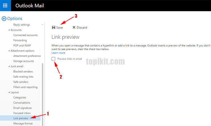 Menonaktifkan link preview aplikasi webmail Outlook.com